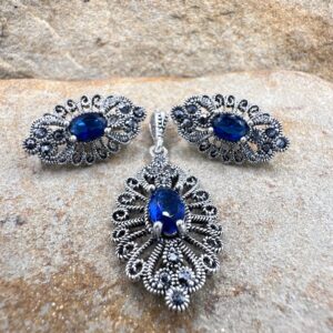 Set argint 925 cu piatra albastra si cu marcasite