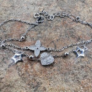 Brațară din argint 925 dublă cu inimă, floare și stele- modernă și strălucitoare